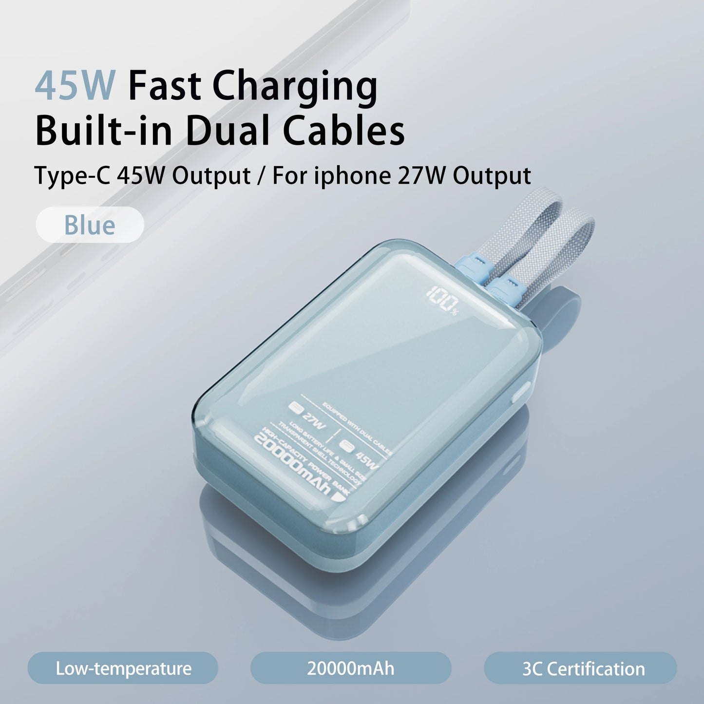 20000mAh Portable Power Bank 45W Type-C Super Fast Charging Built-in Dual Charging Cables for iPhone 17 16 Mobile Phone Xiaomi