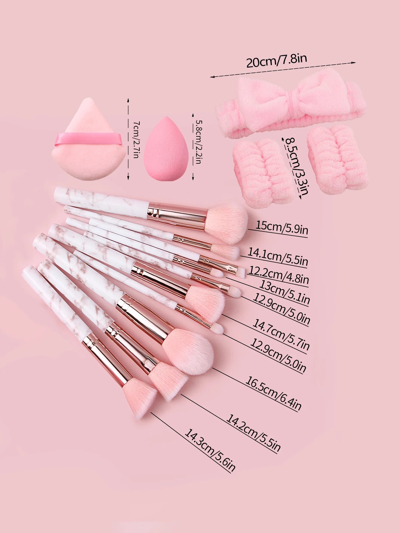 17PCS Pink makeup brush set, multi-functional facial brush + soft hair band wrist strap + fine sponge egg triangular powder puff