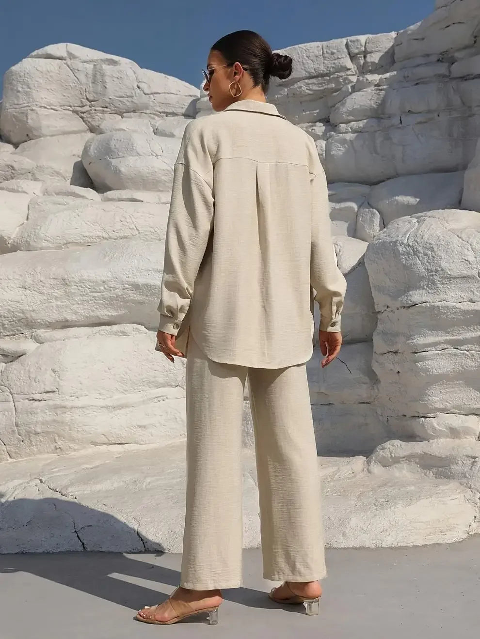 Fashion Women Long Sleeve Button Shirt Elastic Waist Wide Leg Pants Suit Women Casual Two Piece Set Spring Autumn Outfits