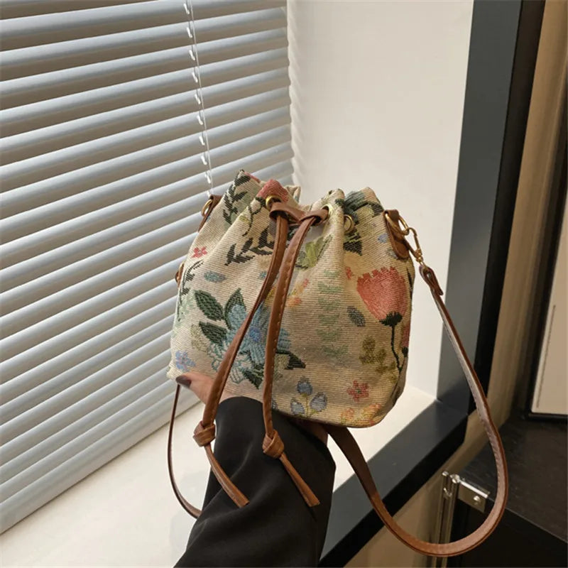 Women's White Bucket Bag with Vibrant Floral Pattern Adjustable Drawstring Closure Convertible Crossbody/Handbag Polyester Lined