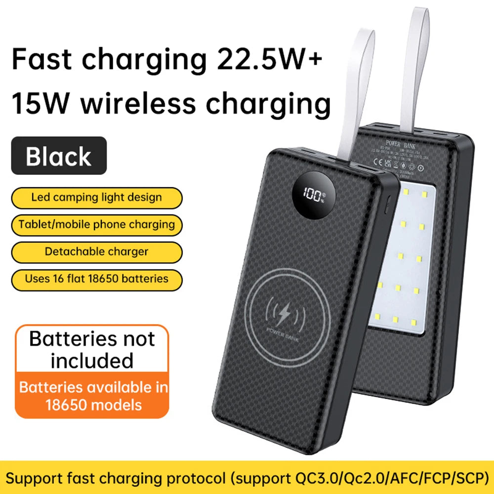 16*18650 Portable Power Bank Housing 22.5W Fast Charging 15W Wireless Charging Power Bank Housing With Camping Light