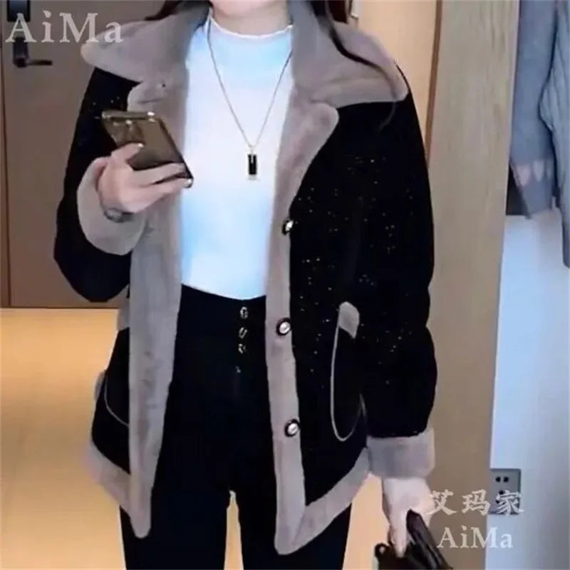 Women's Winter New Lamb Wool Jacket Fashion Woolen Jacket 2024 Spring Female's Fur Outwear Slimming and Plush Thickened Coat 6XL
