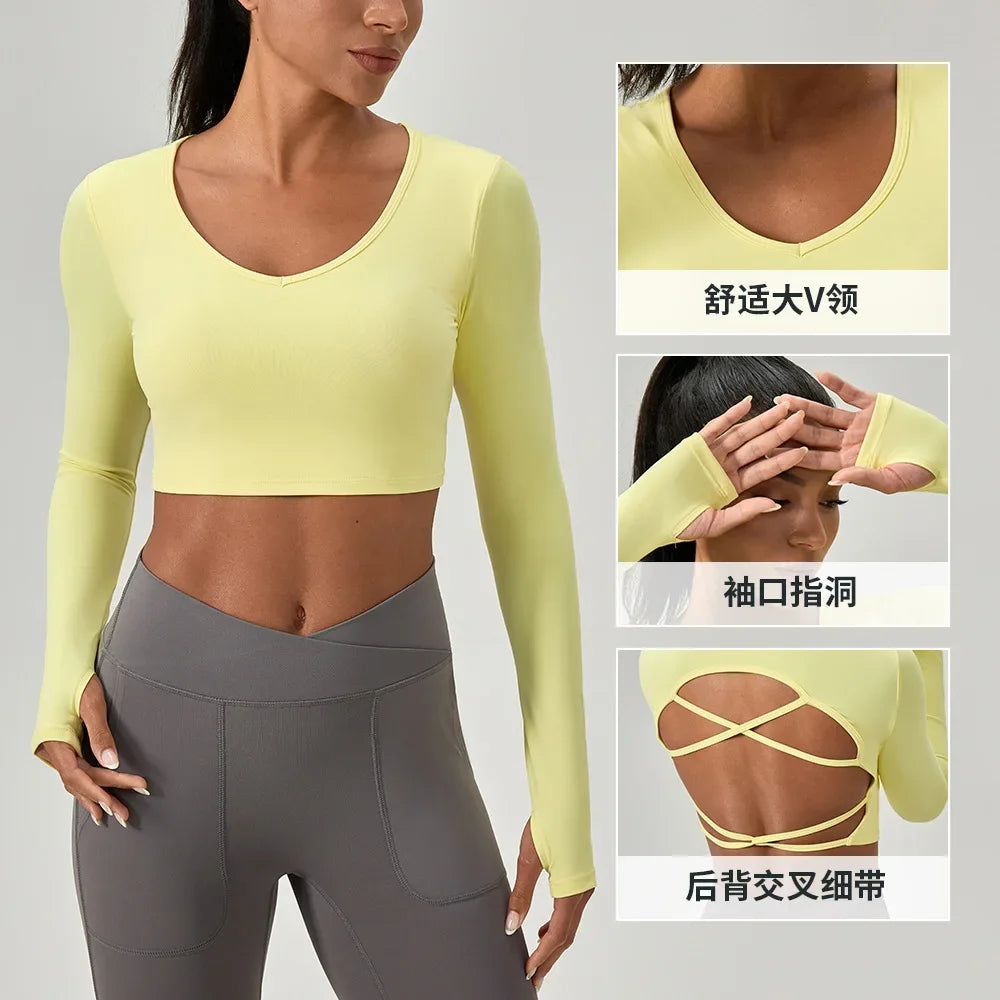 Women's Yoga Wear Tight Long-sleeved Shirt with Chest Pads Crossed Beautiful Back Sports Top Quick-drying Running Fitness Wear