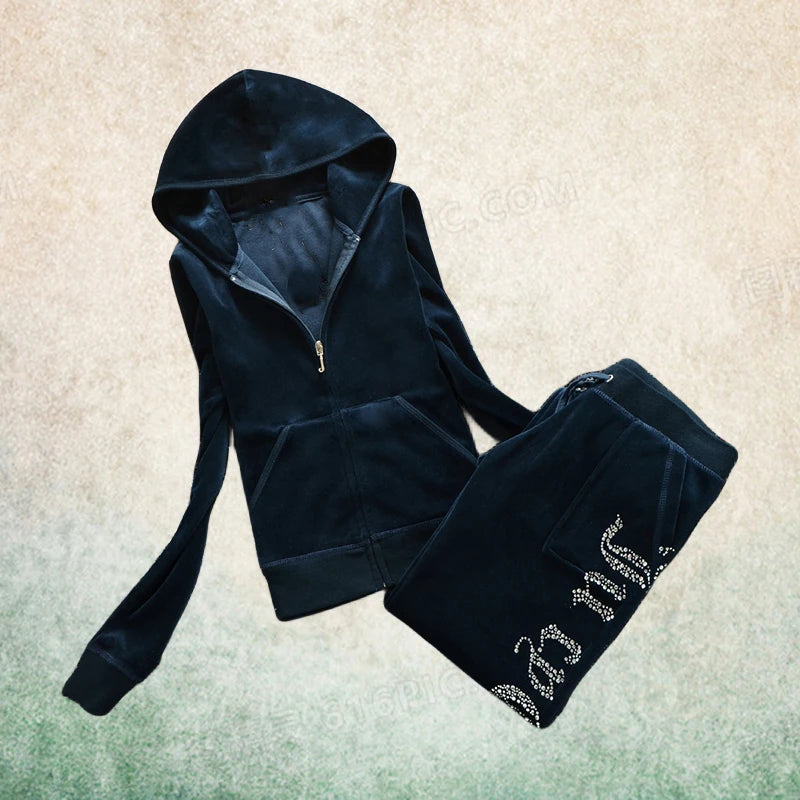2 Pieces of Women's Outfit 2025 Fall Winter Women's Tracksuit Crystal Hoodies and Pant Sets Y2K Velvet Tracksuit