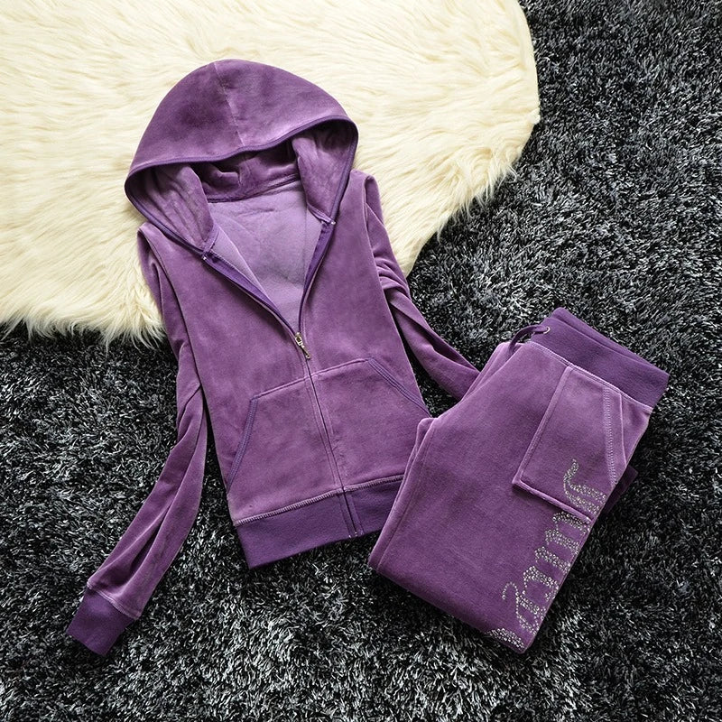 2 Pieces of Women's Outfit 2025 Fall Winter Women's Tracksuit Crystal Hoodies and Pant Sets Y2K Velvet Tracksuit