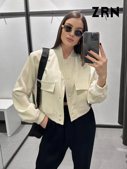ZRN Women Fashion With Pockets Bomber Jacket Coats Vintage Long Sleeve Front Button Casual Female Outerwear Chic Tops