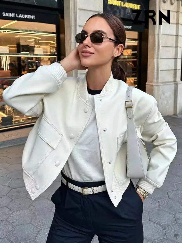 ZRN Women Fashion With Pockets Bomber Jacket Coats Vintage Long Sleeve Front Button Casual Female Outerwear Chic Tops