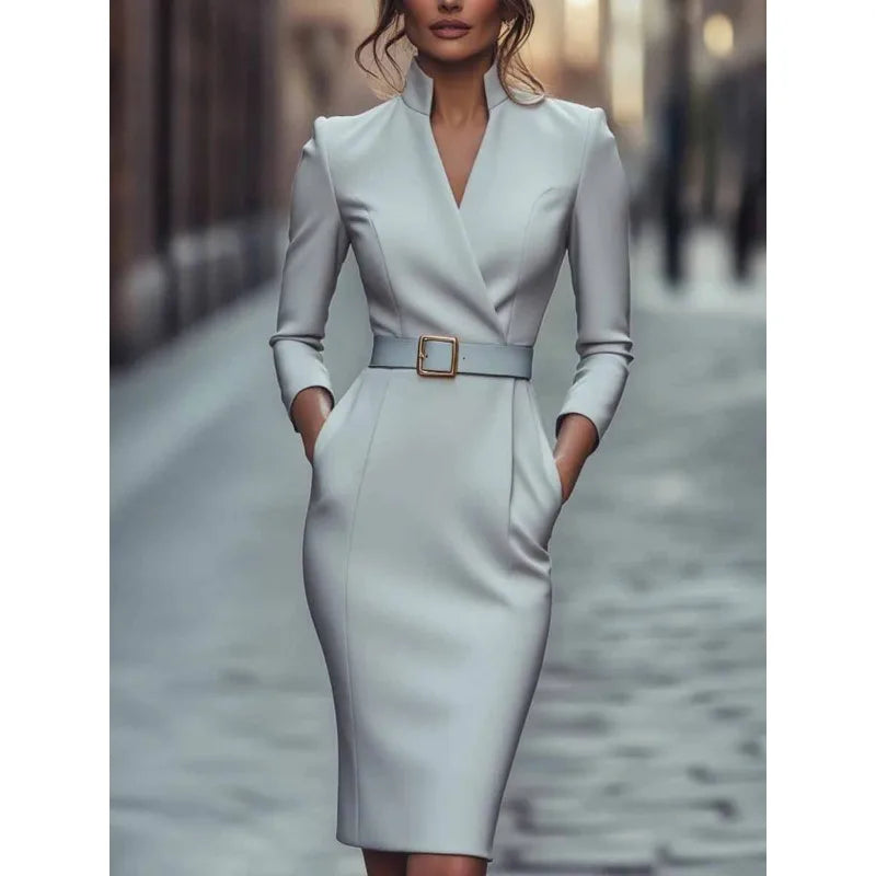 Work Dresses for Women 2025 Long Sleeve V Neck Business Dress Elegant Wrap Church Office Sheath Bodycon Dress with Belt