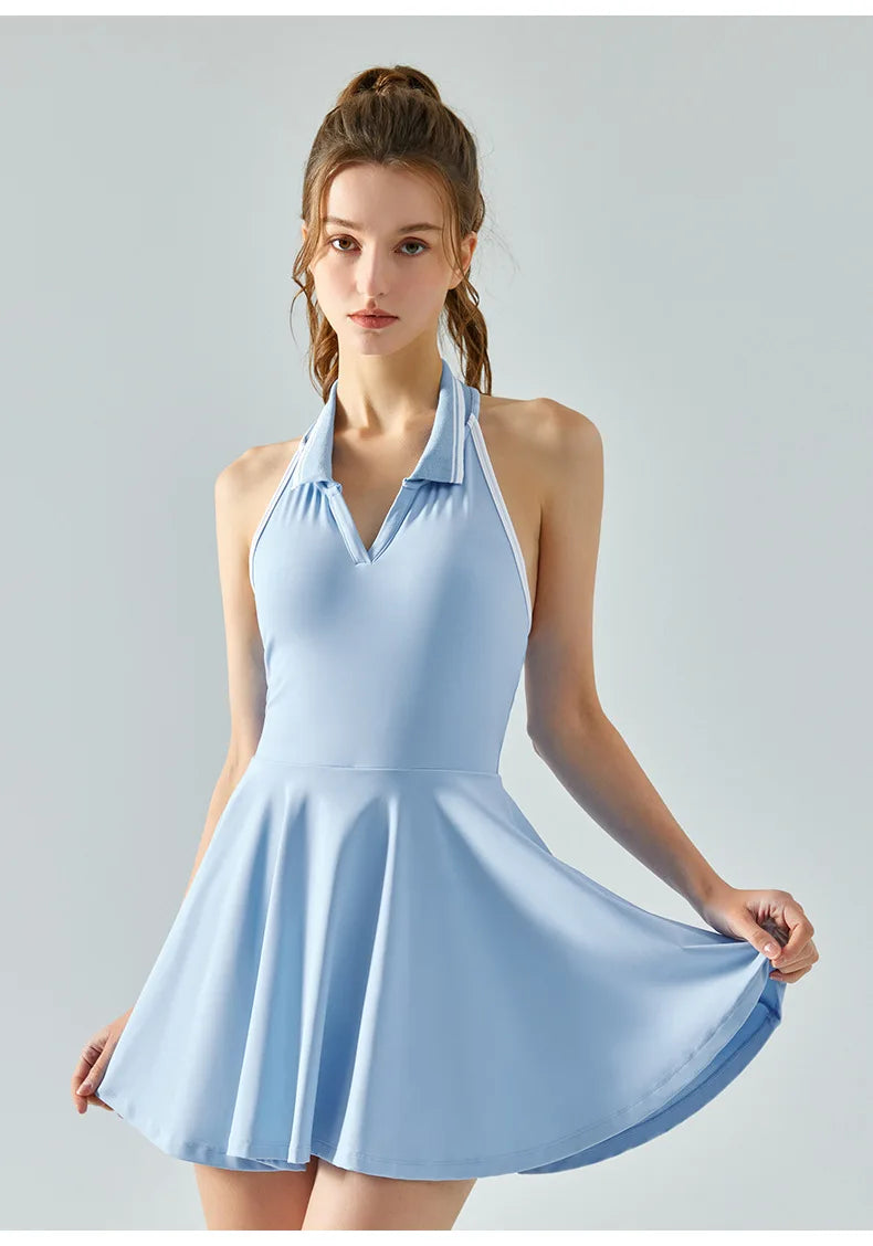 Women's Yoga Tennis Dress Built-in Bra Sports Tennis Dresses Jumpsuit Crisscross Back Activewear Quick-Dry Workout Two Piece Set