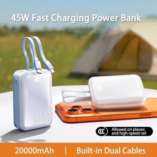 20000mAh Portable Power Bank 45W Type-C Super Fast Charging Built-in Dual Charging Cables for iPhone 17 16 Mobile Phone Xiaomi