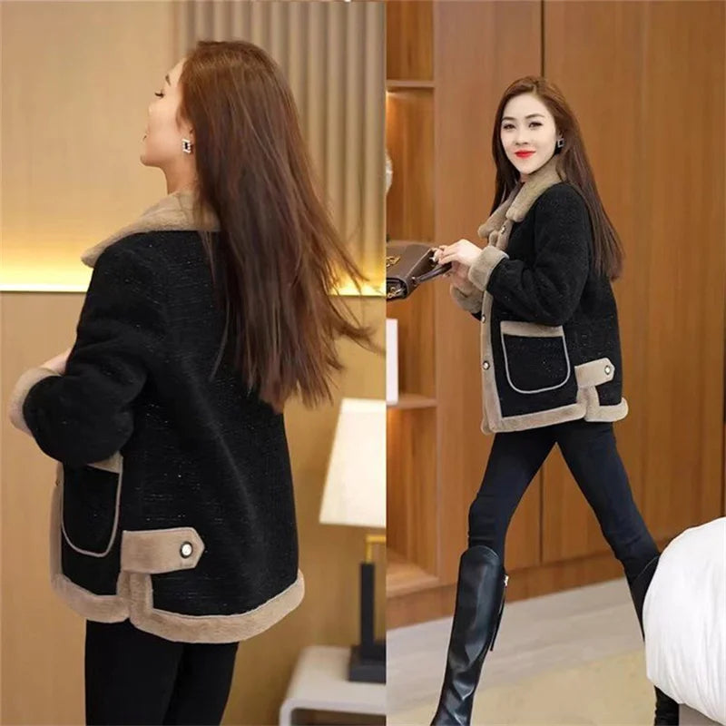Women's Winter New Lamb Wool Jacket Fashion Woolen Jacket 2024 Spring Female's Fur Outwear Slimming and Plush Thickened Coat 6XL