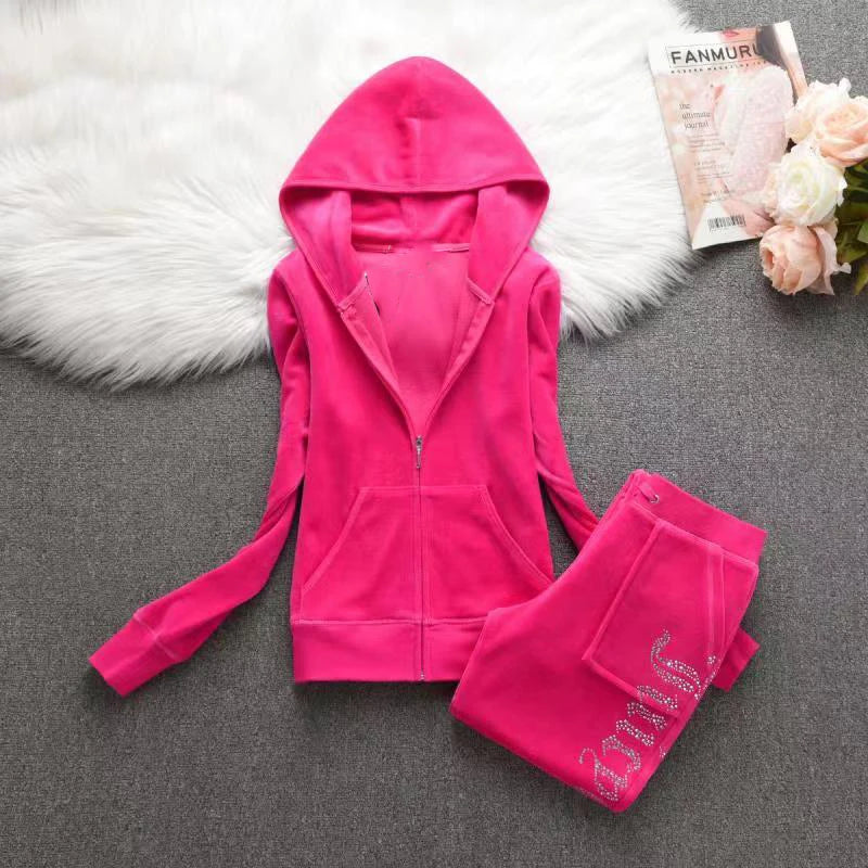 2 Pieces of Women's Outfit 2025 Fall Winter Women's Tracksuit Crystal Hoodies and Pant Sets Y2K Velvet Tracksuit