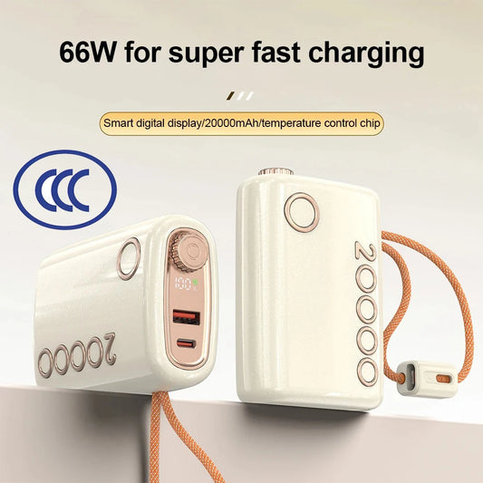 20000mAh Power Bank 66W Super Fast Charging Built in Cable Portable Hanging Small Mobile Powerbank CCC Certified China Standard