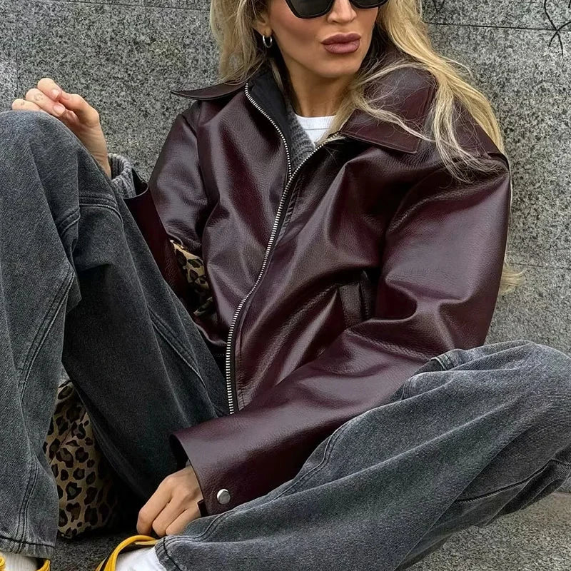 Leaher Jackets Women's Jaqueta Feminina Streetwear ins Outwear Casaco Feminino Vermelho Couro Coat Black Giacca Pelle Donna insz