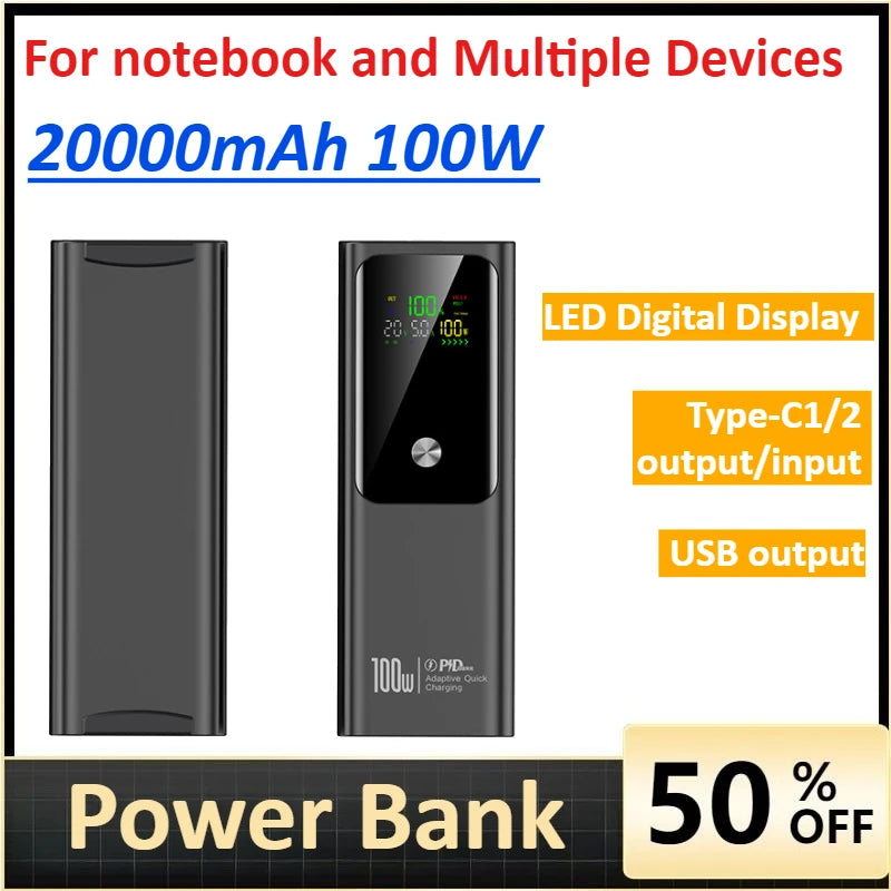 100W Fast Charging Portable Power Bank 20000mAh USB Output Digital Display Can Be Usednotebook and Multiple Devices Three-port