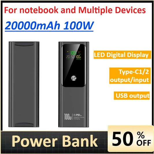 100W Fast Charging Portable Power Bank 20000mAh USB Output Digital Display Can Be Usednotebook and Multiple Devices Three-port