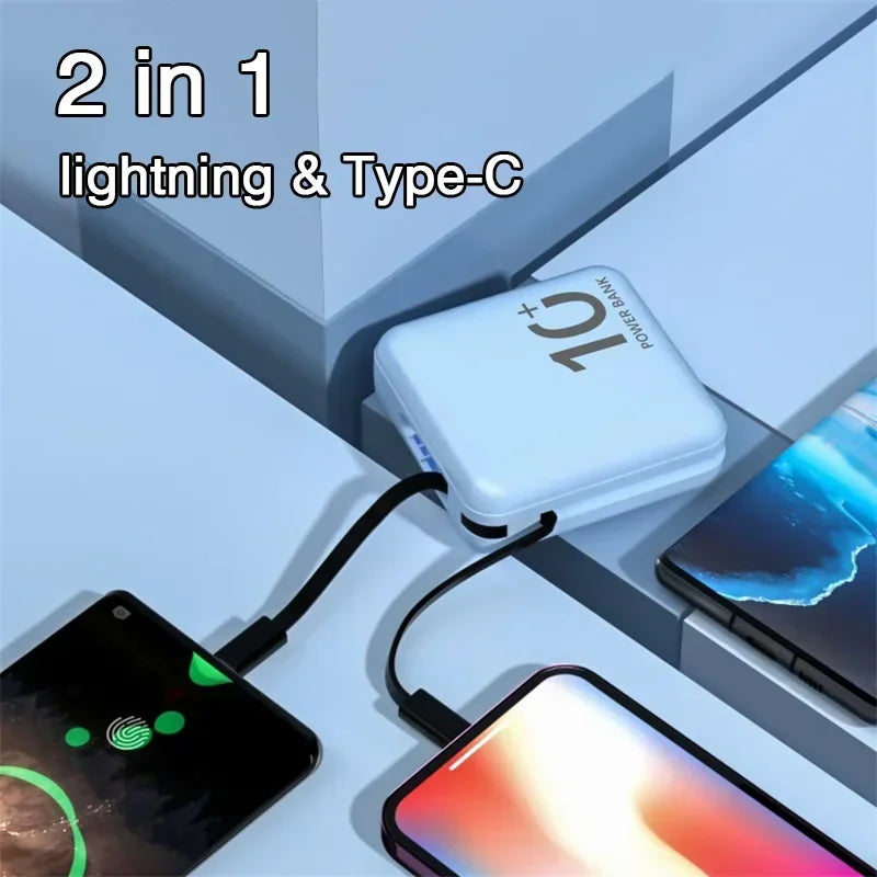 10000mAh Portable Mini Power Bank Build-in Cable Fast Charger External Spare Battery 5000mAh Small Powerbank For iPhone Xiaomi