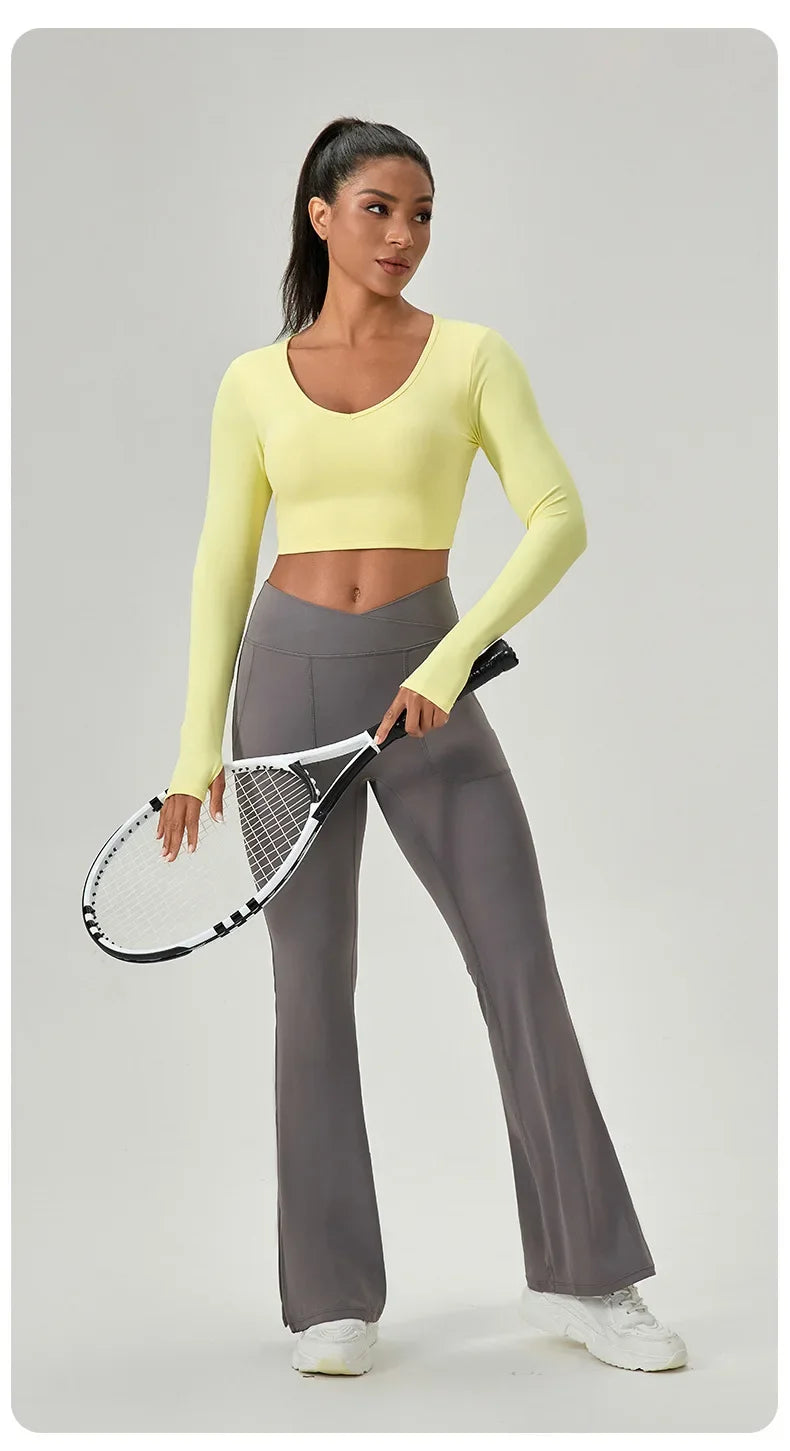 Women's Yoga Wear Tight Long-sleeved Shirt with Chest Pads Crossed Beautiful Back Sports Top Quick-drying Running Fitness Wear