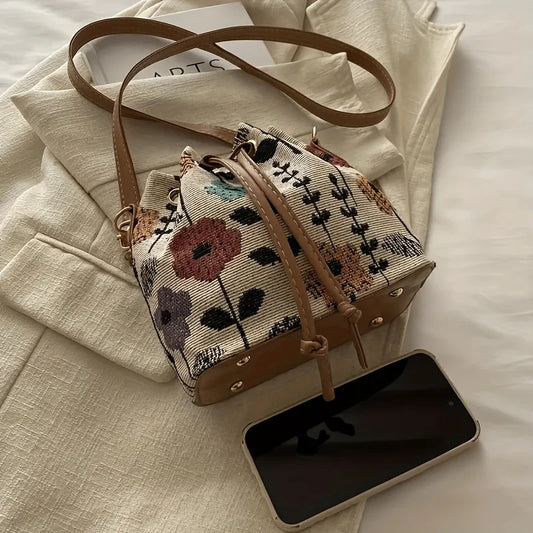 Women's White Bucket Bag with Vibrant Floral Pattern Adjustable Drawstring Closure Convertible Crossbody/Handbag Polyester Lined