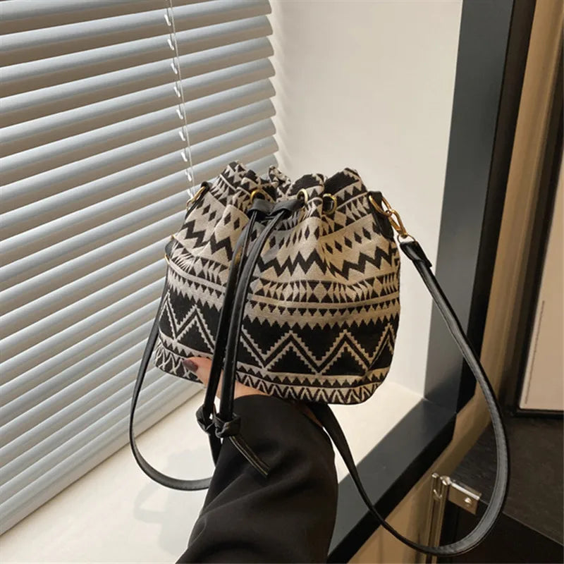 Women's White Bucket Bag with Vibrant Floral Pattern Adjustable Drawstring Closure Convertible Crossbody/Handbag Polyester Lined