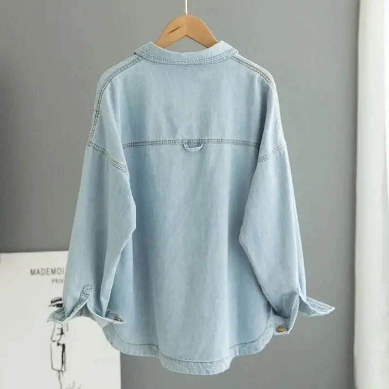 High-End Washed Light Blue Denim Shirt Women 2023 Spring Autumn New Coat Loose Slim Cowboy Jacket Casual Joker Female Trend Top