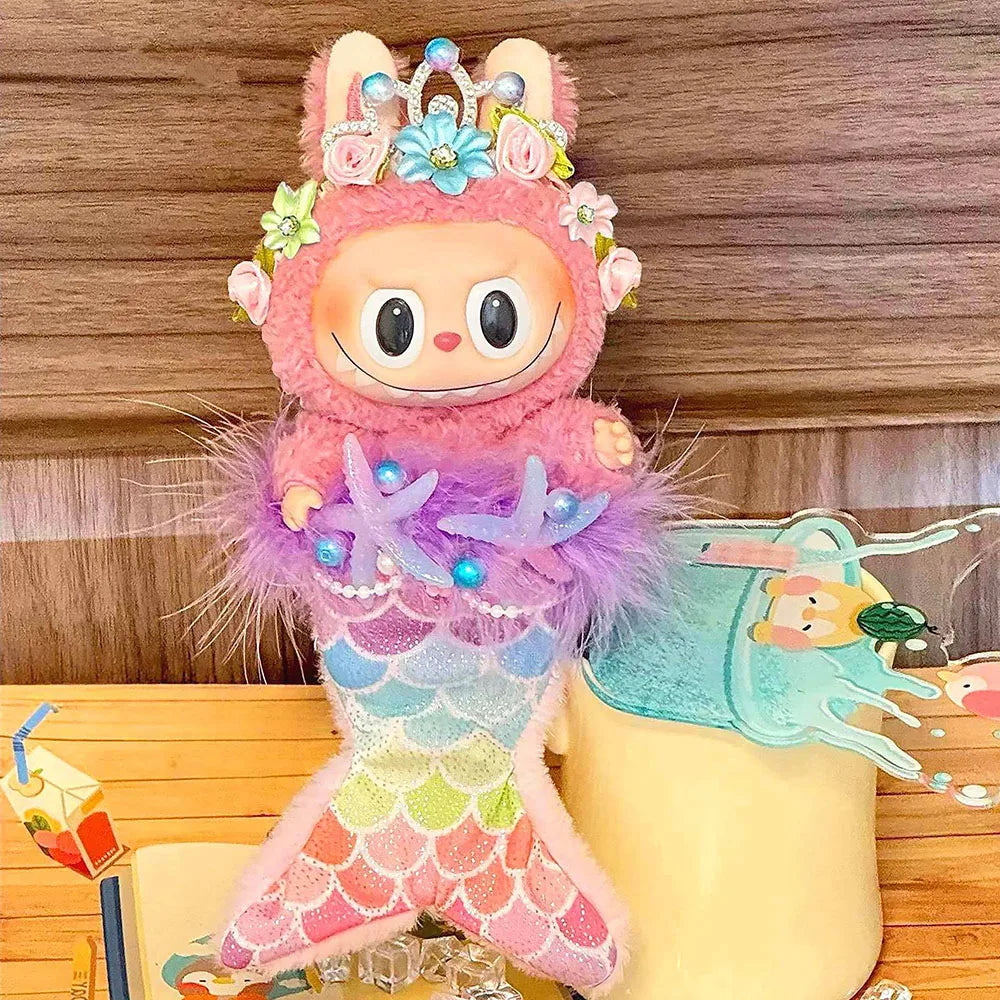 [No Doll] Mermaid Dress Sets For 15/17cm Labubu Dolls With Laser-Glossy Fish-Tail Costumes Paired With Shell