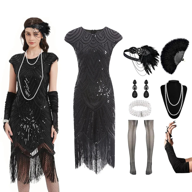 1920s Dresses for Women Flapper Dress Lace Fan Feather Headband Sequins Beads Fringes 20s Accessories Vintage Mafia Costume