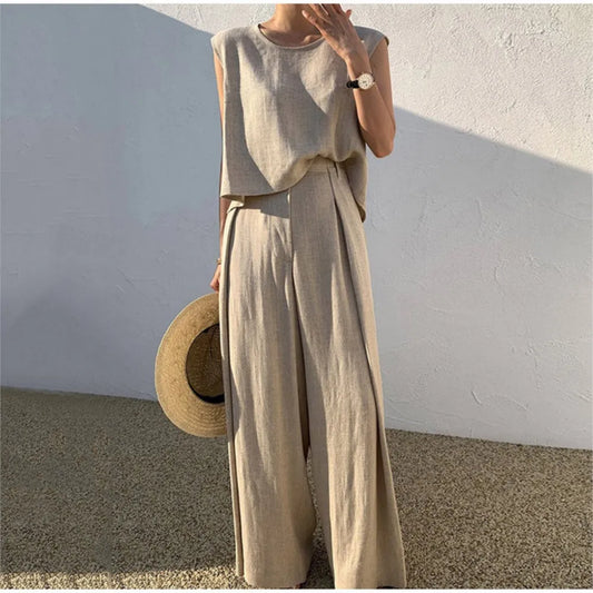 Elegant Cotton linen Women Suit Casual Loose Two-piece Sleeveless Top Wide-leg Pants Outfits Female Summer Solid Elegant Sets