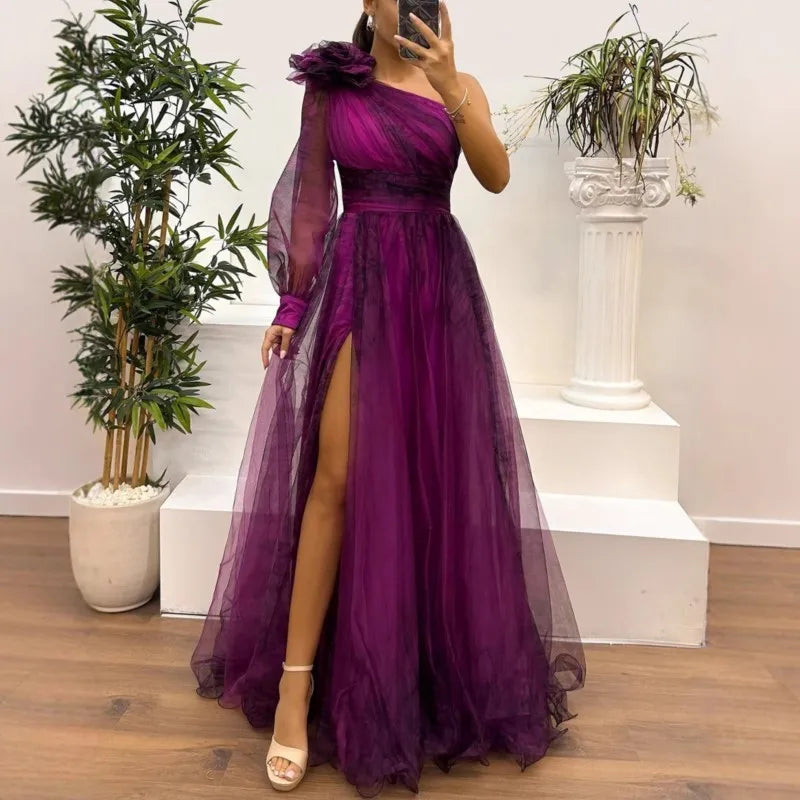 Women's Wedding Dress Spring Autumn New Sexy Off-shoulder Mesh Print Slit Casual Loose Party Prom Dresses For Women Robe Femal
