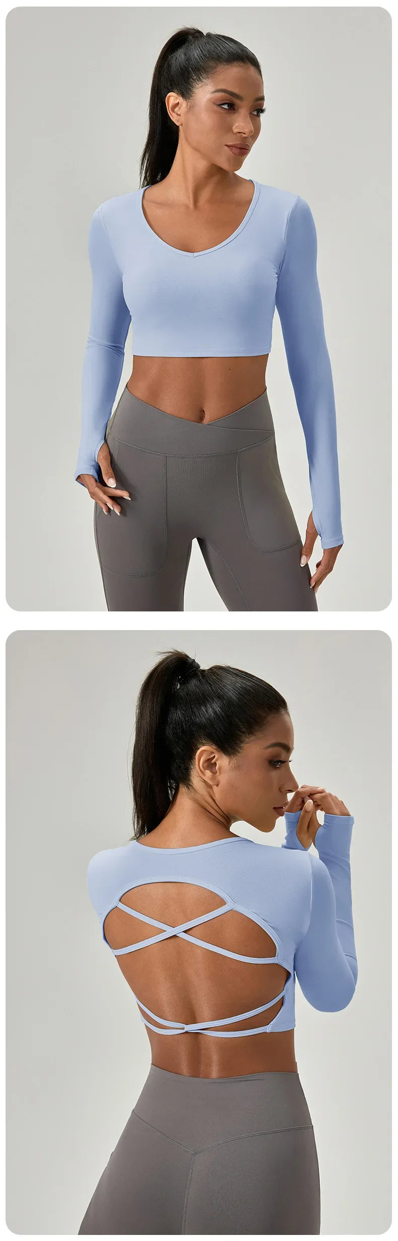Women's Yoga Wear Tight Long-sleeved Shirt with Chest Pads Crossed Beautiful Back Sports Top Quick-drying Running Fitness Wear
