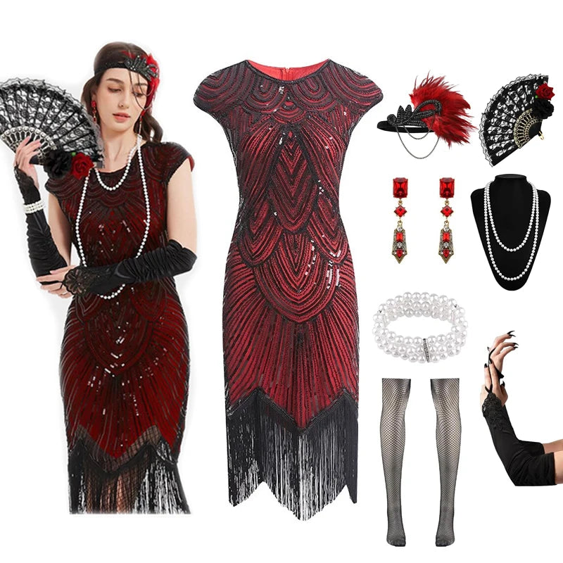 1920s Dresses for Women Flapper Dress Lace Fan Feather Headband Sequins Beads Fringes 20s Accessories Vintage Mafia Costume