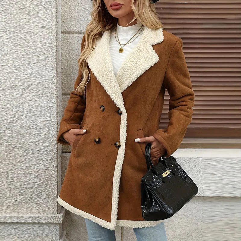 Women's Winter Jacket Plus Size Fleece Lined Jackets Streetwear Suede Coats Warm Notch Lapel Outerwear With Big Pockets