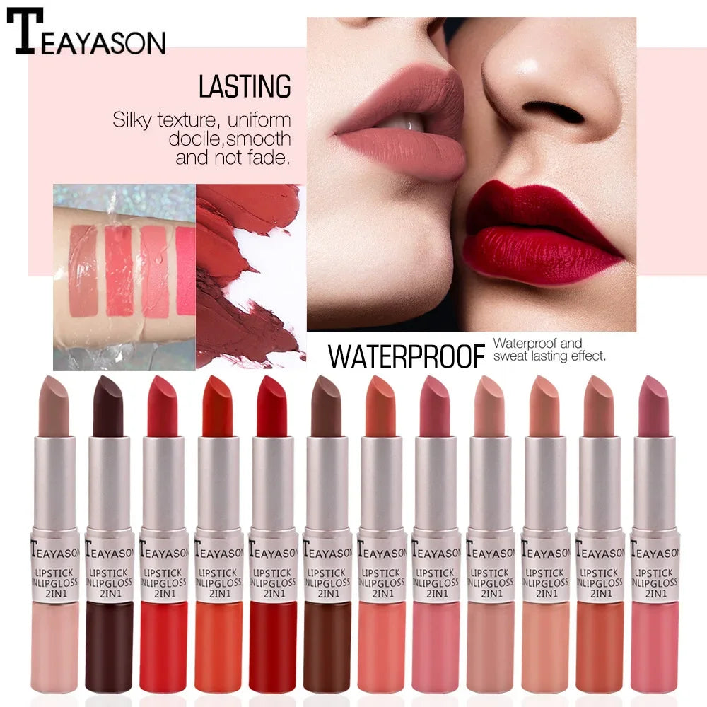 1PC Pink Lipstick Sexy Lip Gloss 2 in 1 Lip Tint Waterproof Long -Lasting Moisture Red Lip Matte Lipstick MakeUp for Women