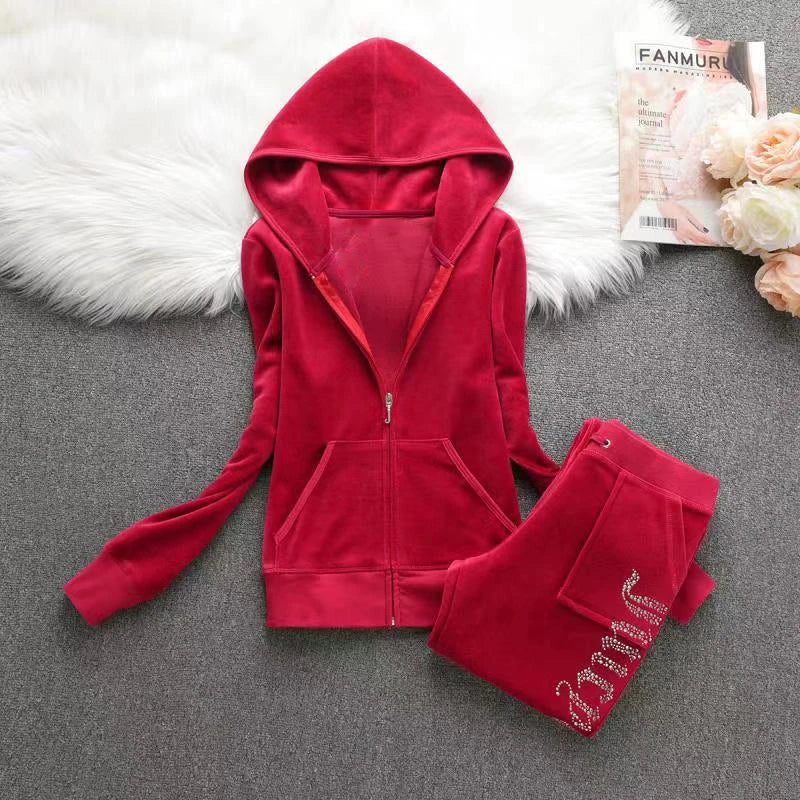 2 Pieces of Women's Outfit 2025 Fall Winter Women's Tracksuit Crystal Hoodies and Pant Sets Y2K Velvet Tracksuit
