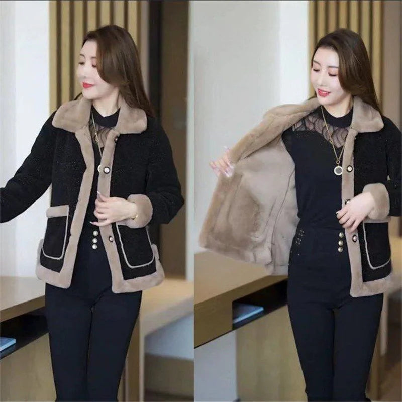 Women's Winter New Lamb Wool Jacket Fashion Woolen Jacket 2024 Spring Female's Fur Outwear Slimming and Plush Thickened Coat 6XL