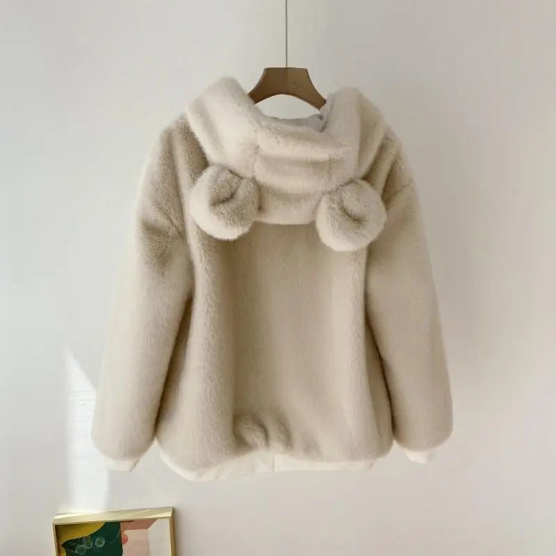ZXRYXGS Autumn Winter Women Coat Imitation Fur Coat 2023 Bestselling Hooded Bear Ears Cotton Clothing Woman's Jacket Coat