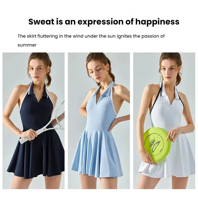 Women's Yoga Tennis Dress Built-in Bra Sports Tennis Dresses Jumpsuit Crisscross Back Activewear Quick-Dry Workout Two Piece Set