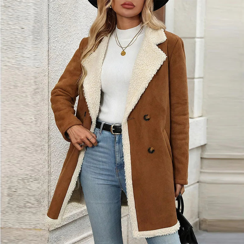Women's Winter Jacket Plus Size Fleece Lined Jackets Streetwear Suede Coats Warm Notch Lapel Outerwear With Big Pockets