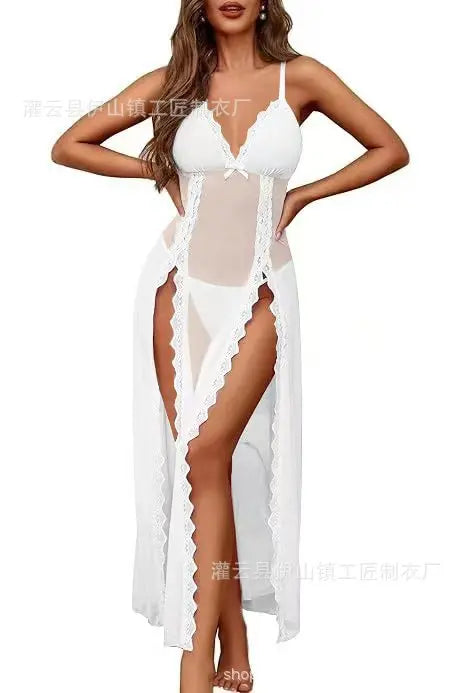 Womens Dresses Sexy Lingerie Perspective Deep V Nightgown High Slit Long Skirt See Through Long Night Dress Women Pajamas Dress