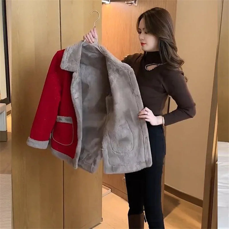 Women's Winter New Lamb Wool Jacket Fashion Woolen Jacket 2024 Spring Female's Fur Outwear Slimming and Plush Thickened Coat 6XL