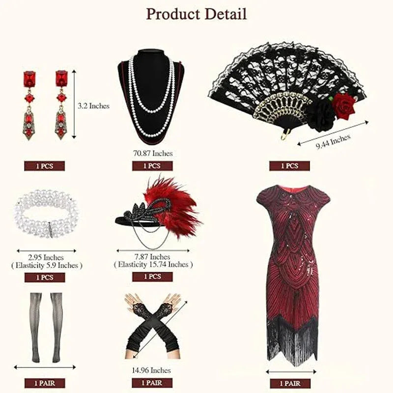 1920s Dresses for Women Flapper Dress Lace Fan Feather Headband Sequins Beads Fringes 20s Accessories Vintage Mafia Costume