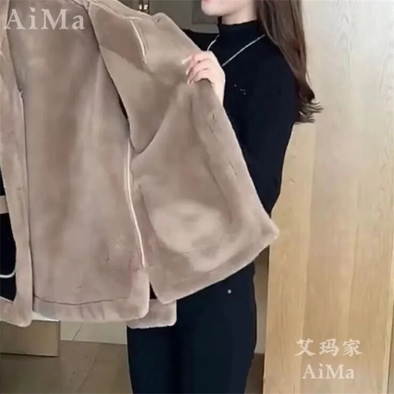 Women's Winter New Lamb Wool Jacket Fashion Woolen Jacket 2024 Spring Female's Fur Outwear Slimming and Plush Thickened Coat 6XL