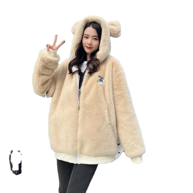 ZXRYXGS Autumn Winter Women Coat Imitation Fur Coat 2023 Bestselling Hooded Bear Ears Cotton Clothing Woman's Jacket Coat