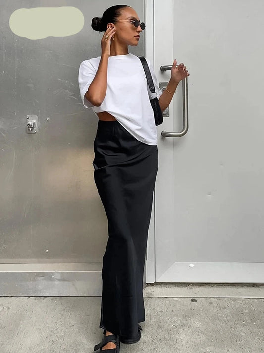OOTN Elegant Satin Black Trumpet Skirts Fashion Street High Waist Skirts Women Female 2024 Office Pink Long Skirt Red Spring