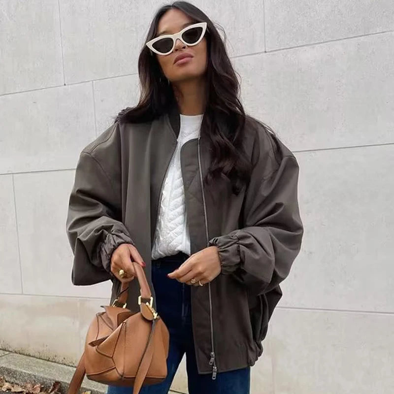 Y2K TRAF Fashion Jackets for Women 2024 Long Coats Female Chic Casual Loose Bomber Jackets Coat Ladies Long Sleeve Outerwear