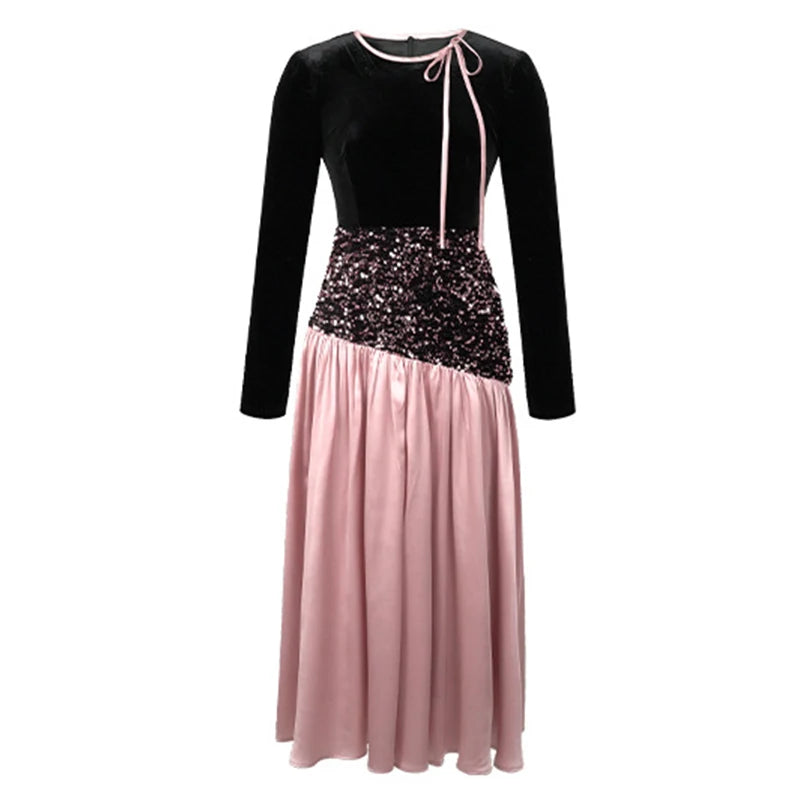 Women‘s French Elegant Banquet Dress Ladies Black Pink Splice Bandage Bright Sequin Swing Long Robe Female Party Vestidos Lady
