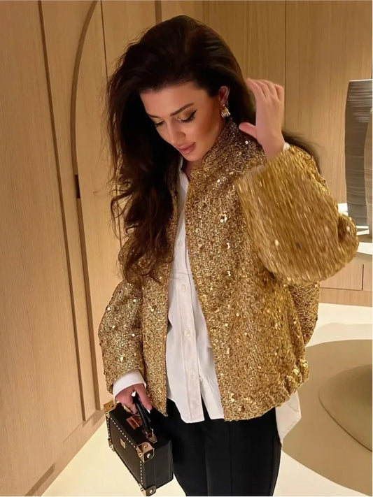 Chic Golden Sequin Zipper Jacket For Women Fashion Loose Round Neck Long Sleeved Coats Spring Female Party Club Shiny Outerwear