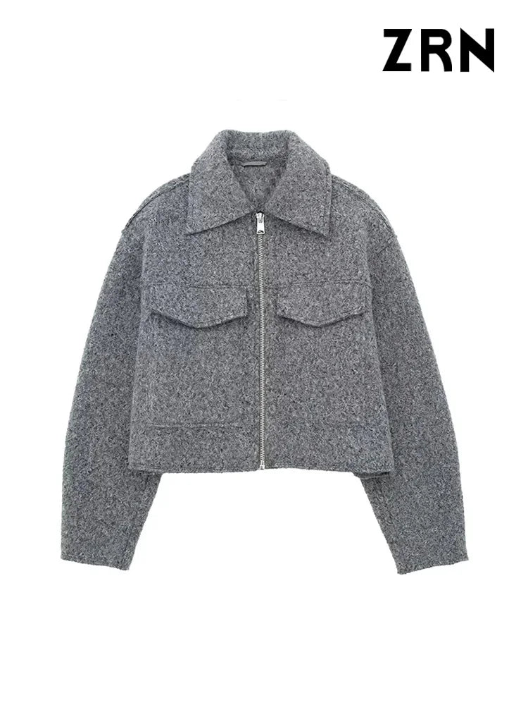 ZRN Women Fashion Patch Pockets With Flaps Cropped Jacket Coat Vintage Long Sleeve Front Zipper Female Outerwear Chic Tops