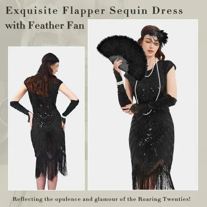 1920s Dresses for Women Flapper Dress Lace Fan Feather Headband Sequins Beads Fringes 20s Accessories Vintage Mafia Costume