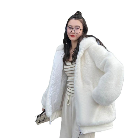 ZXRYXGS Autumn Winter Women Coat Imitation Fur Coat 2023 Bestselling Hooded Bear Ears Cotton Clothing Woman's Jacket Coat
